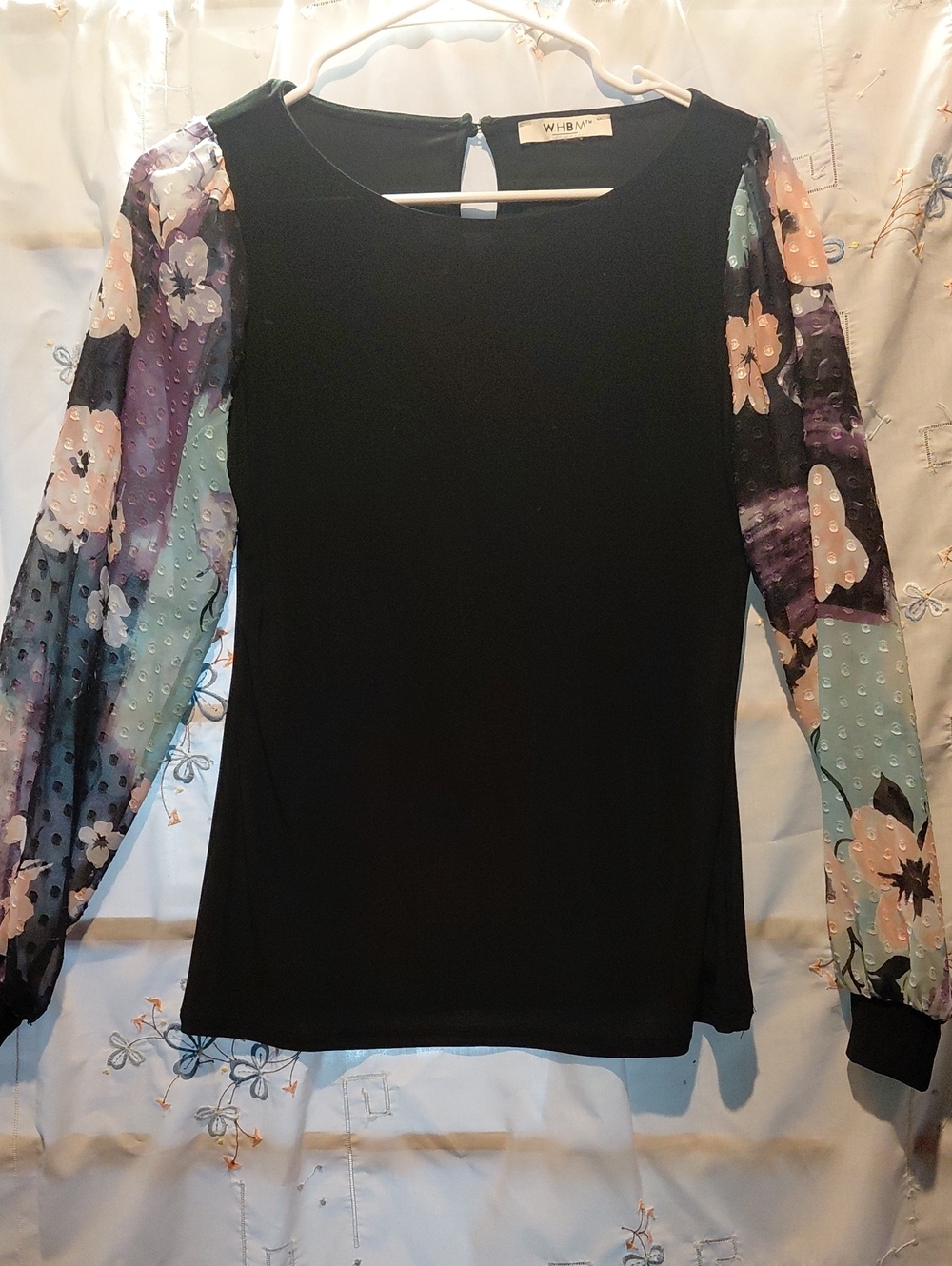 White House Black Market Black Top with Floral Sheer Puff Sleeves